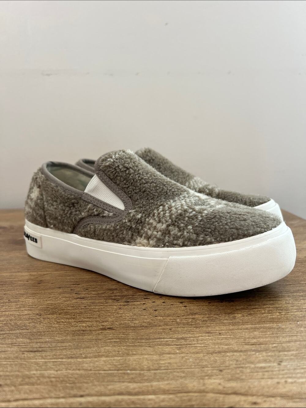 SeaVees Baja Slip On Platform Taupe Plaid Recycled Pet Shearling